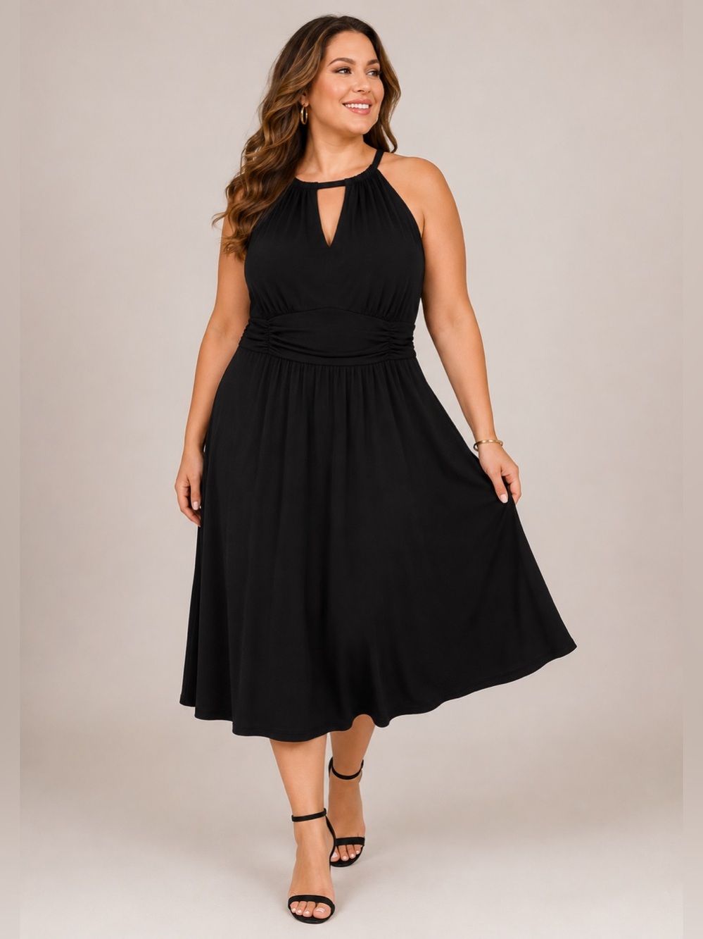Black Halter Keyhole Midi Dress Fit & Flare Cocktail Wedding Guest 16W